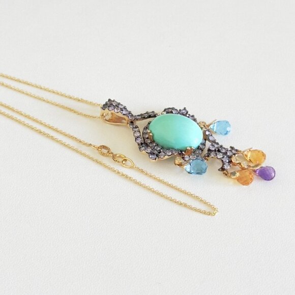 14k Yellow Gold Turquoise Multi Gemstone Chandelier Pendant Chain Necklace 18" - Picture 10 of 16